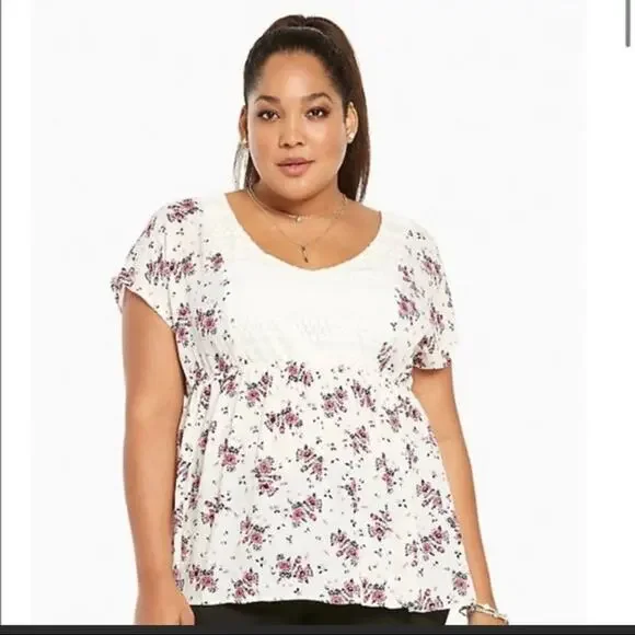 Torrid Floral Print Gauze Lace Inset Top Plus Size 2X - Picture 1 of 3